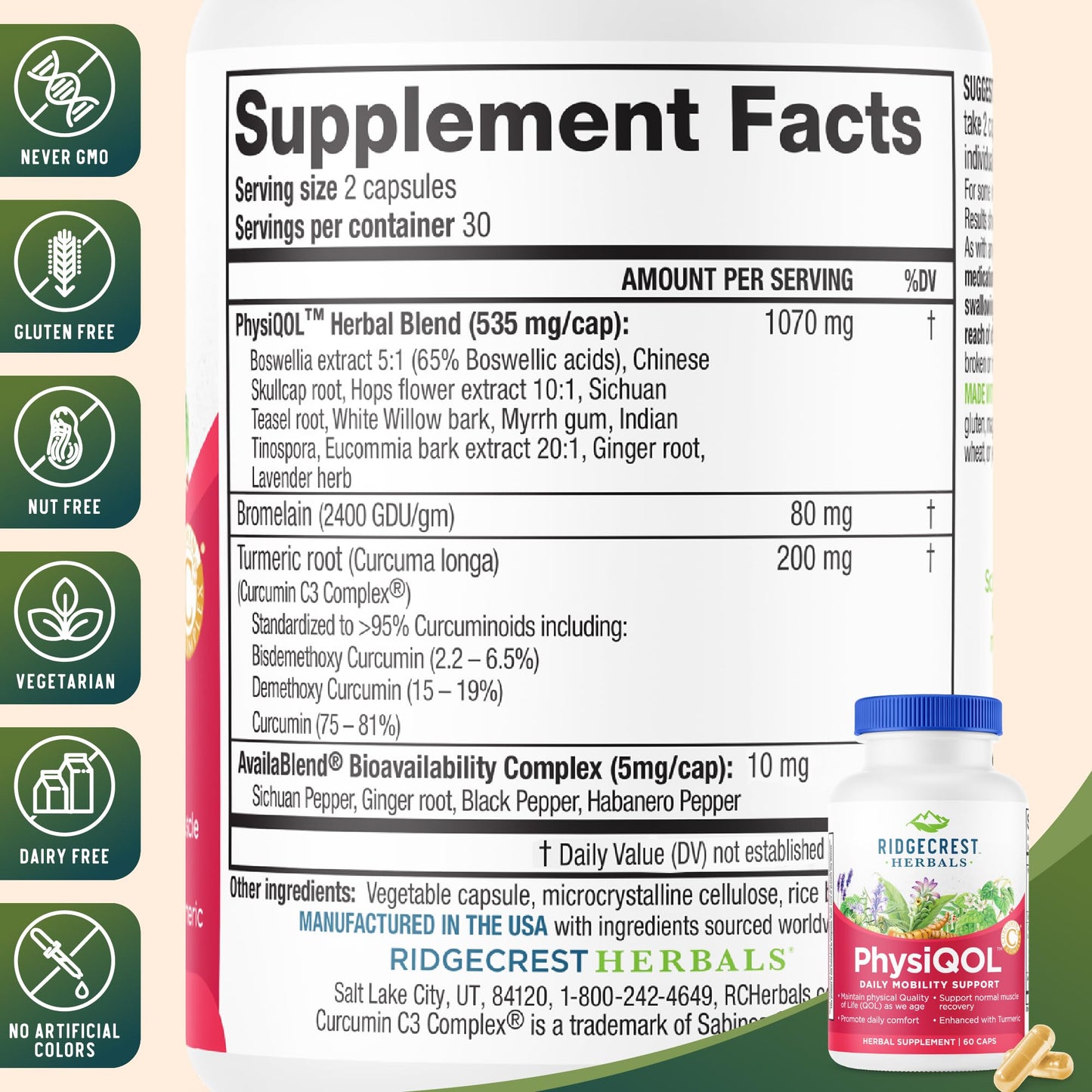 RidgeCrest Herbals PhysiQOL Turmeric Boswellia Joint Comfort Capsules 60