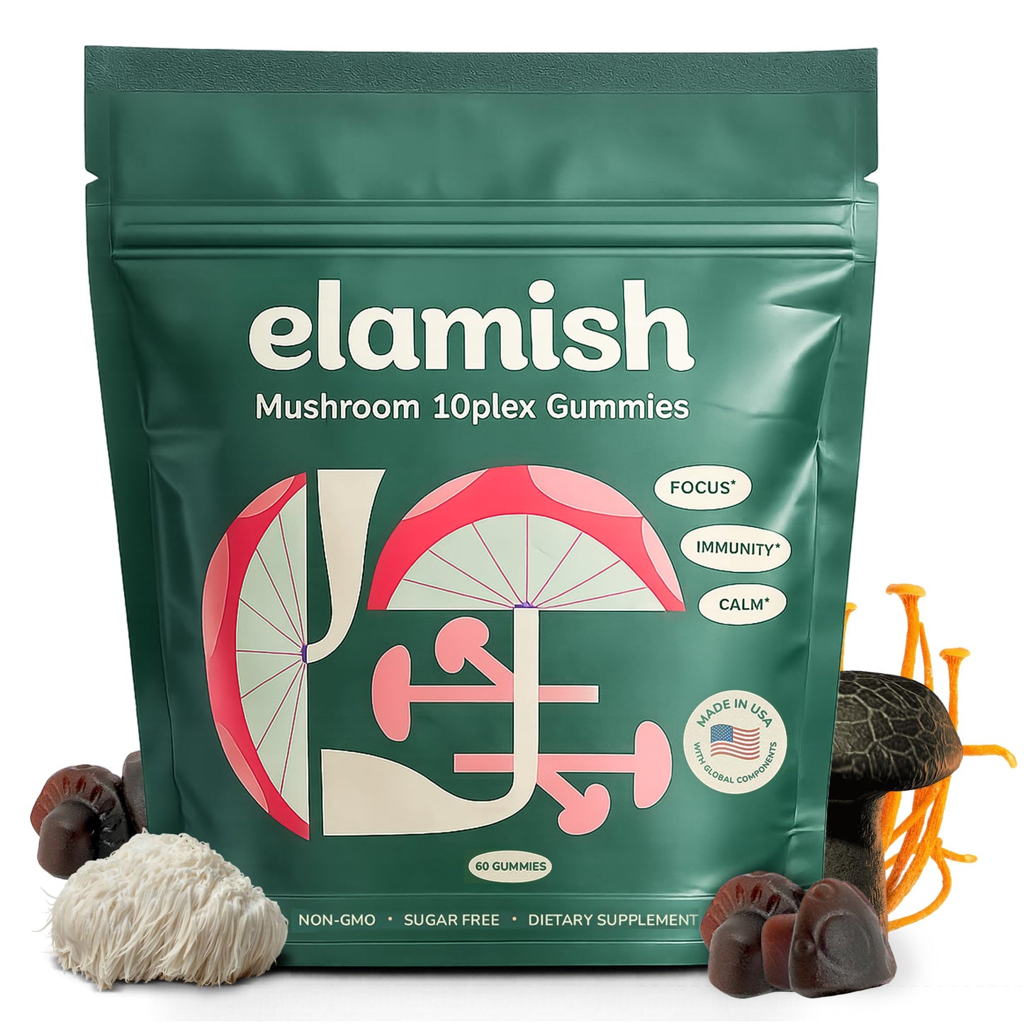 Elamish Mushroom Gummies – Focus, Immunity & Calm – Functional Mushrooms 10 Plex Blend, 60 Count