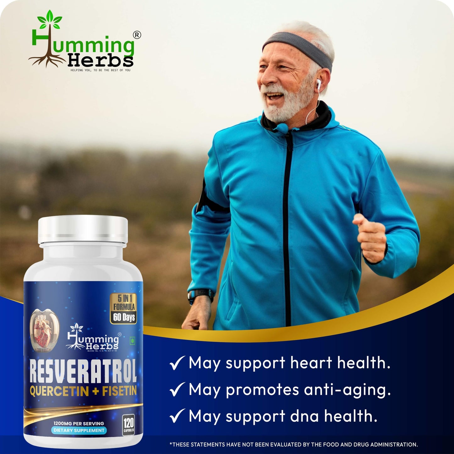 Humming Herbs Resveratrol Supplement with Quercetin, Fisetin, Spermidine & Vitamin D3 120 Capsules