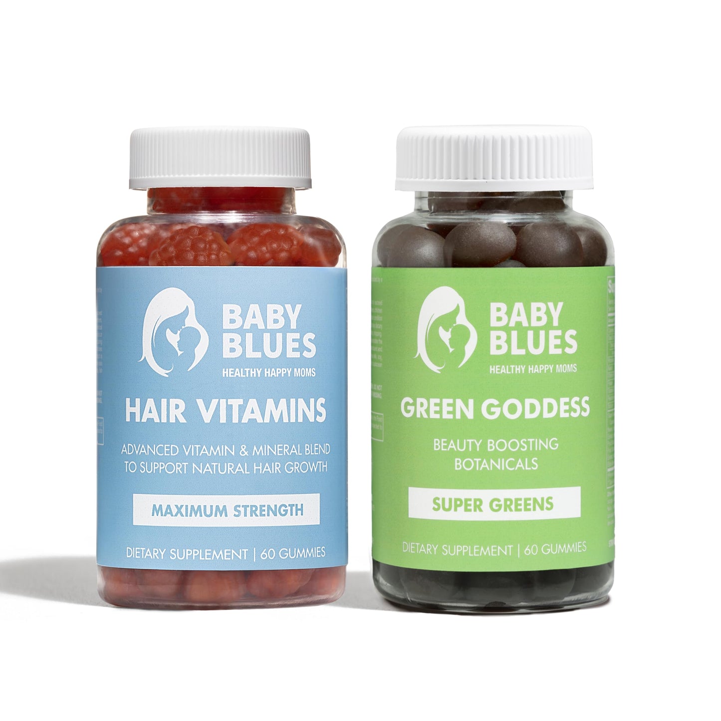 Baby Blues Grow and Glow Beauty Bundle for Moms Postpartum Hair Vitamins with Biotin Collagen and Folate Plus Green Goddess Superfood Gummies for Hair and Skin, 120 Gummies