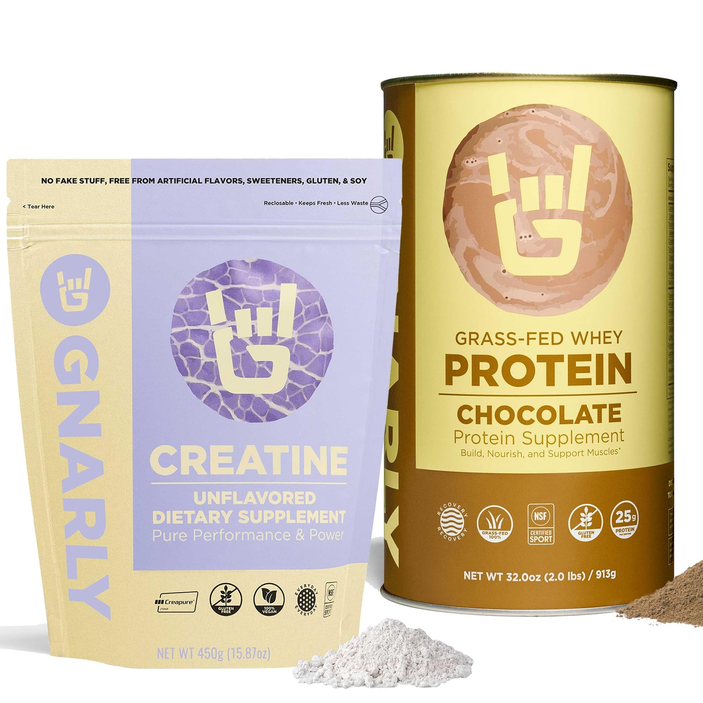 Gnarly Nutrition Creatine Powder, Unflavored (16.05 oz) and Gnarly Whey Grass-Fed Protein Powder, Chocolate (32.0 oz)