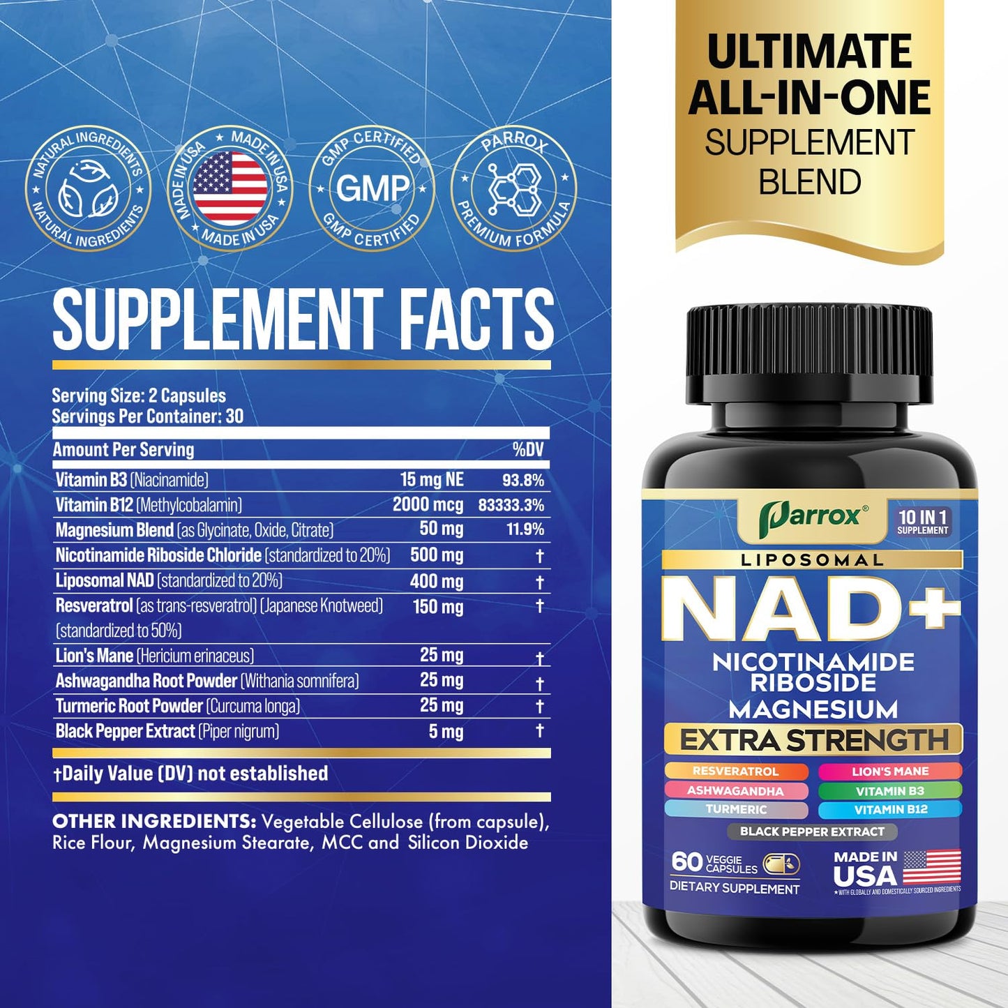 Parrox NAD+ Supplement Liposomal Nicotinamide Riboside 10-in-1 Capsule, 60 Count