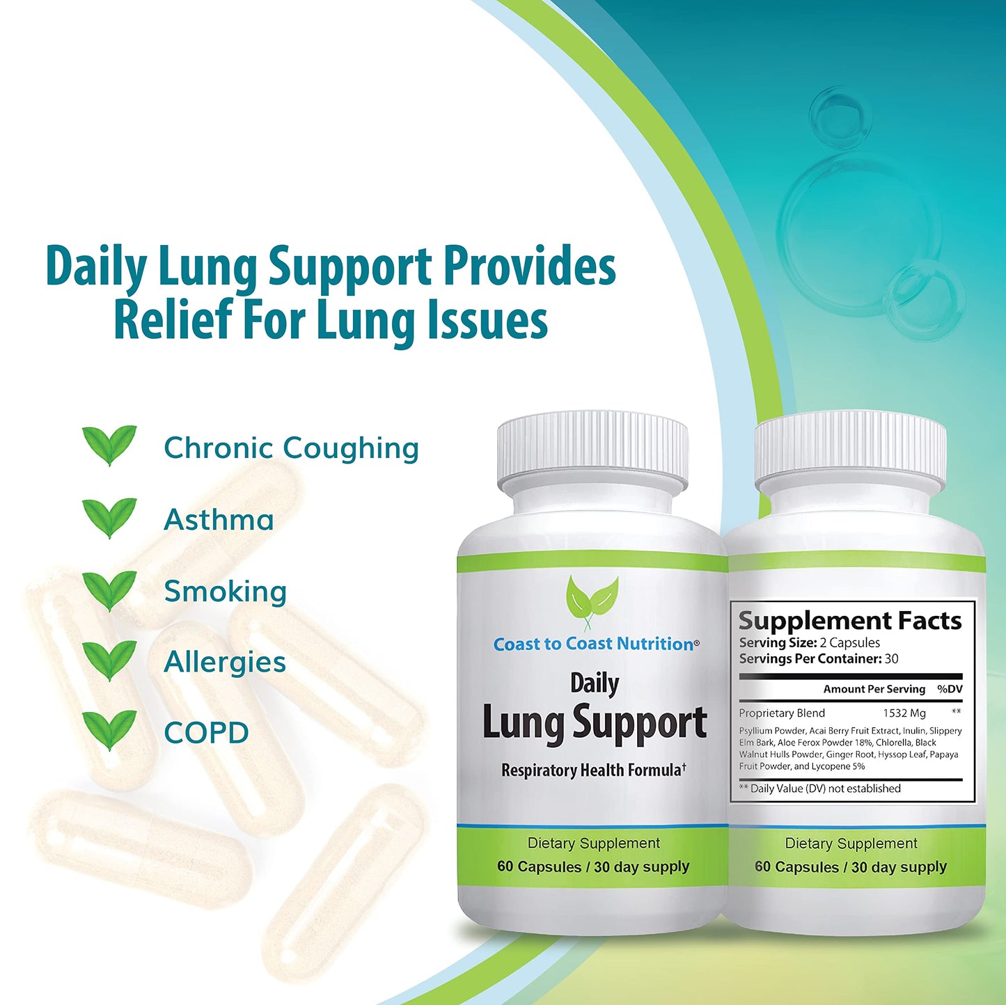 Coast to Coast Nutrition Daily Lung Cleanser & Detox Support Supplement, 60 Capsules