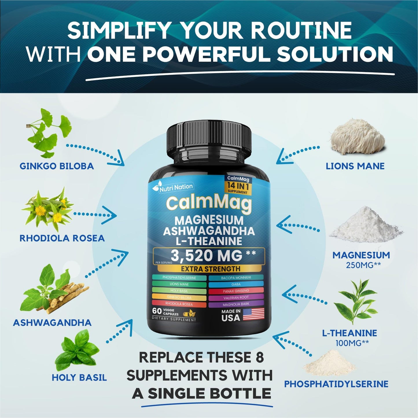 Nutri Nation Magnesium Glycinate with Ashwagandha and L-Theanine 14 in 1 Supplement Capsule, 1 Count