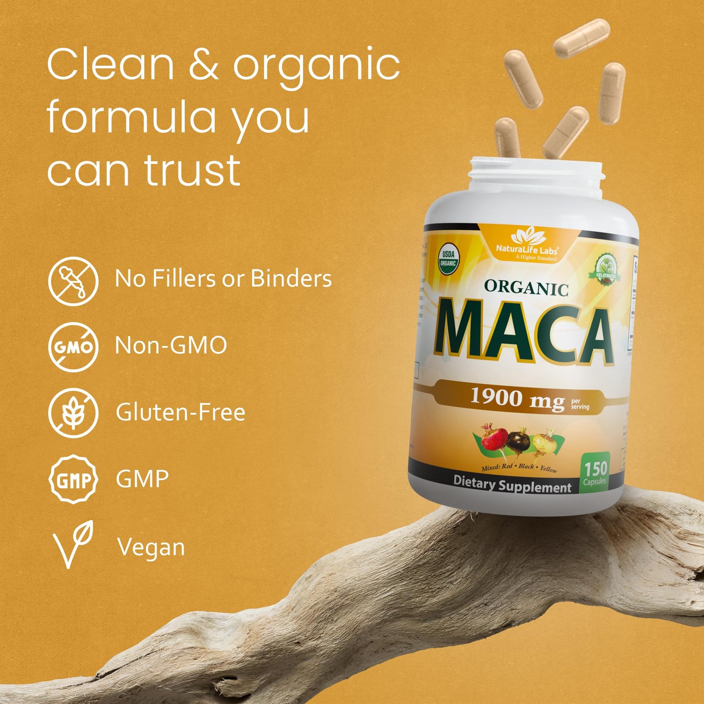 NaturaLife Labs Organic Maca Root – Black, Red & Yellow – 1900 mg per Serving – Gelatinized Peruvian Maca – Non-GMO, Gluten-Free, Vegan, 150 Capsules