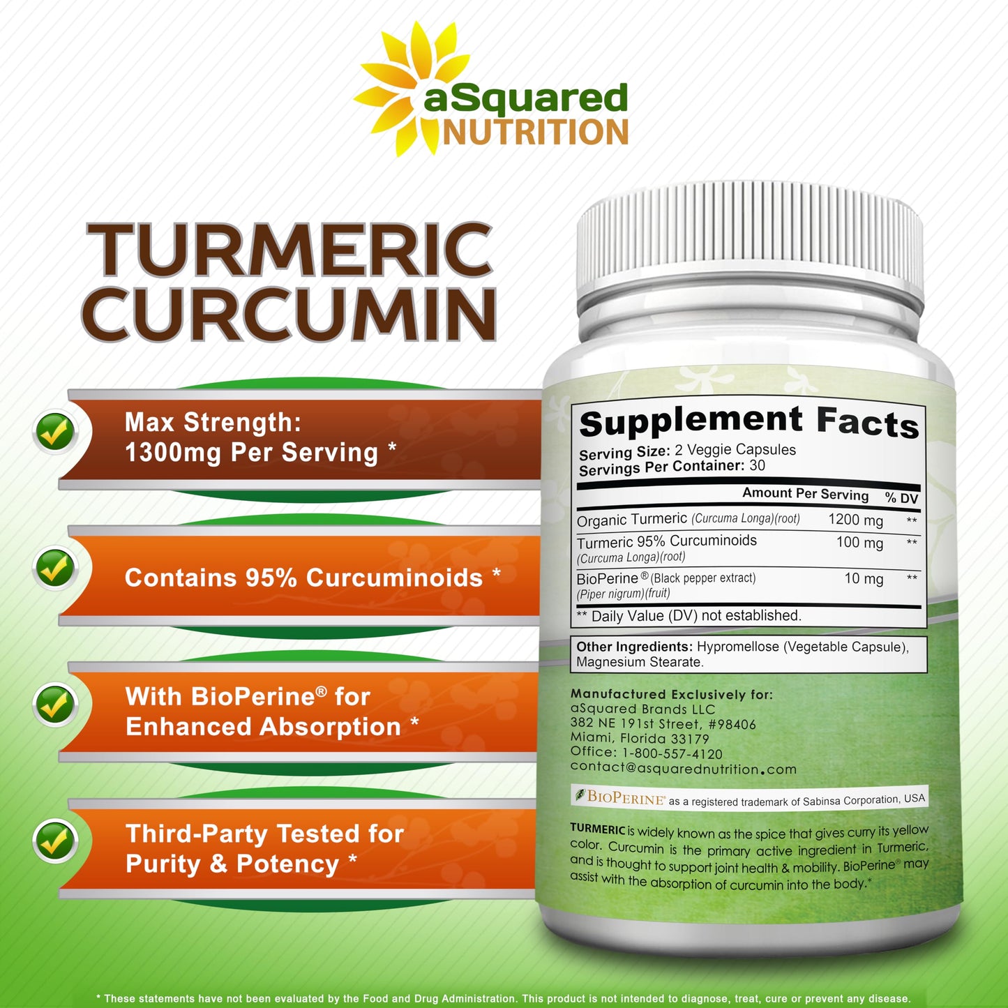 aSquared Nutrition Turmeric Curcumin 1300mg with BioPerine Black Pepper Extract Supplement Capsules, 60 Count