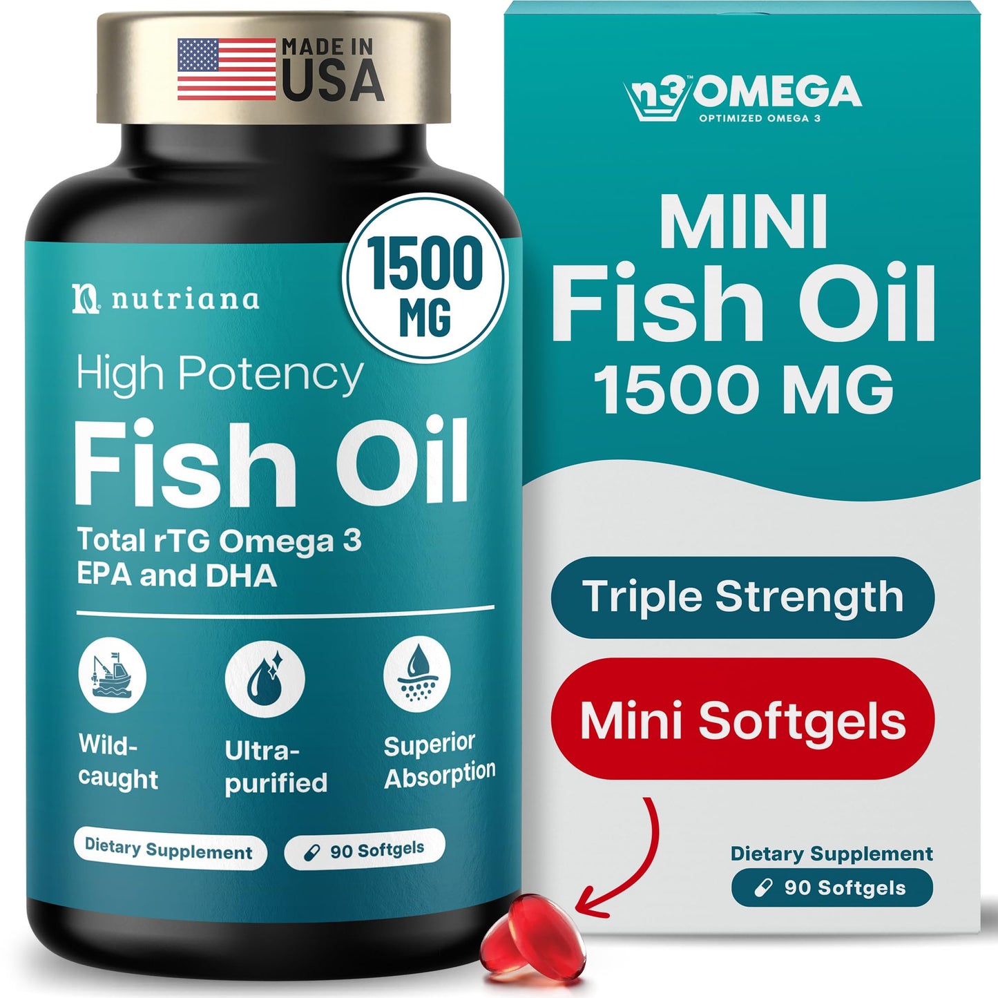 Nutriana Mini Fish Oil Softgels 1500mg Omega-3 with EPA & DHA, 90 Softgels
