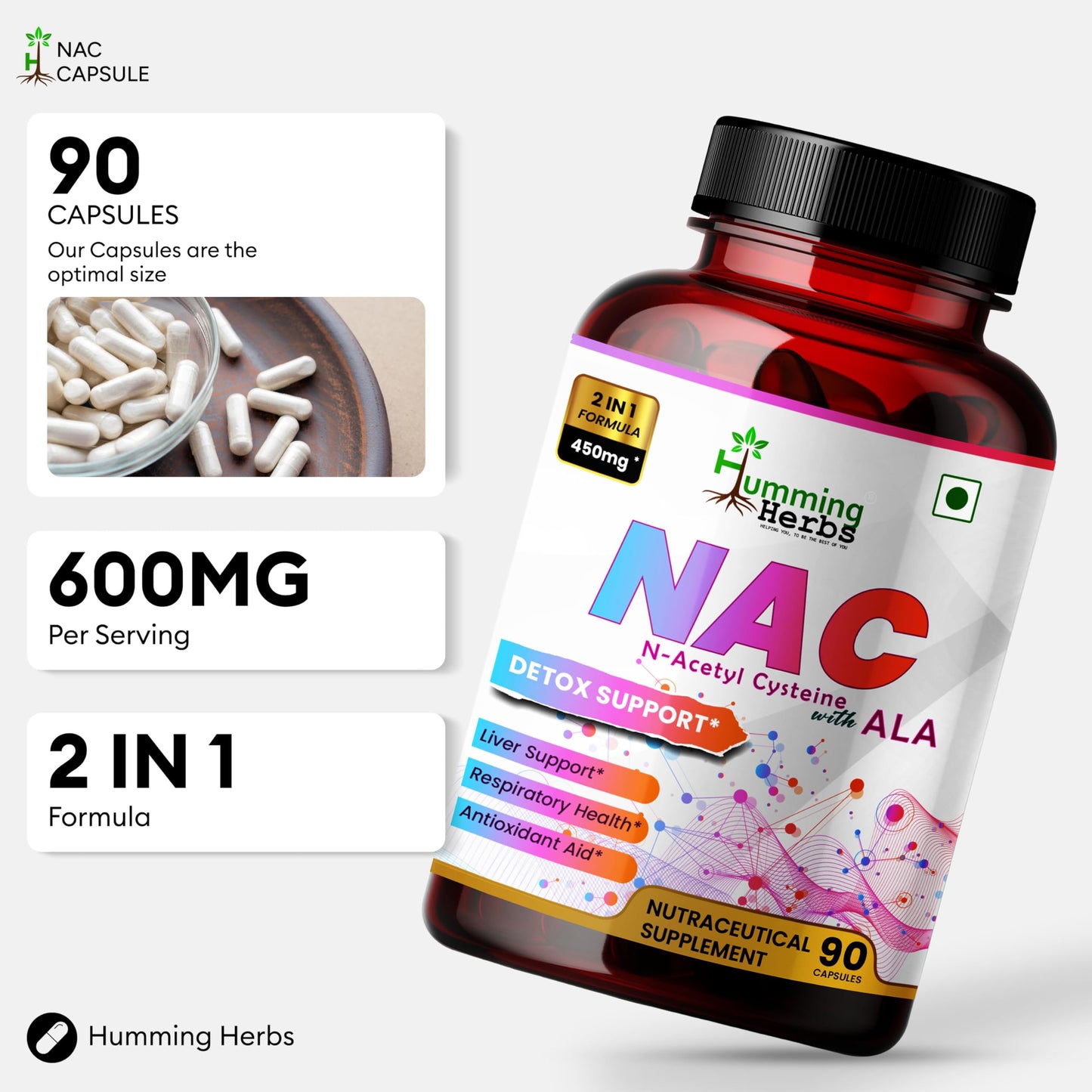 Humming Herbs NAC Supplement 450mg with Alpha Lipoic Acid - N-Acetyl Cysteine + ALA 2-in-1 Antioxidant Formula Capsules, 90 Count