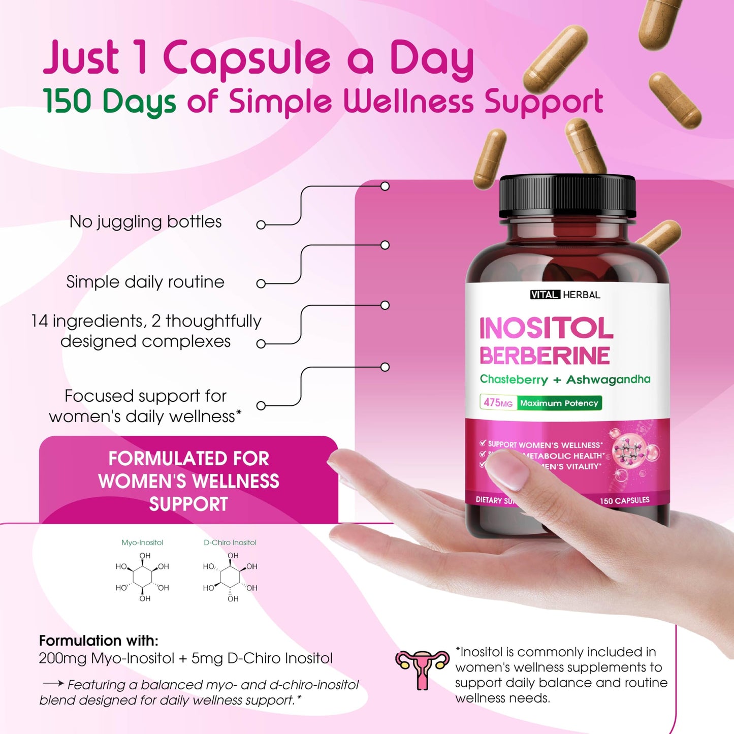 VITAL HERBAL Inositol Supplement Capsule, 150 Count