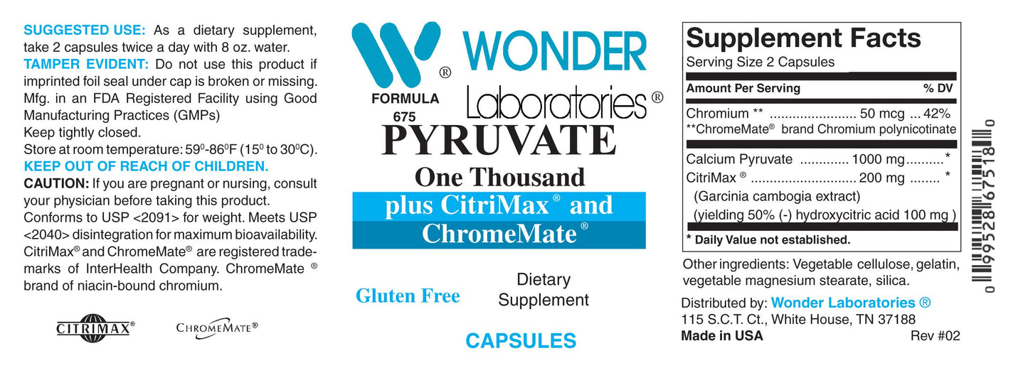 Wonder Laboratories Pyruvate 1000 ChromeMate CitriMax Capsule 180 Count