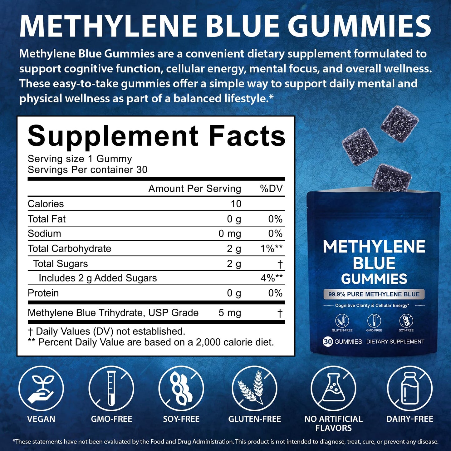 WELOSUER Methylene Blue Gummies 5mg Per Gummy, 30 Count