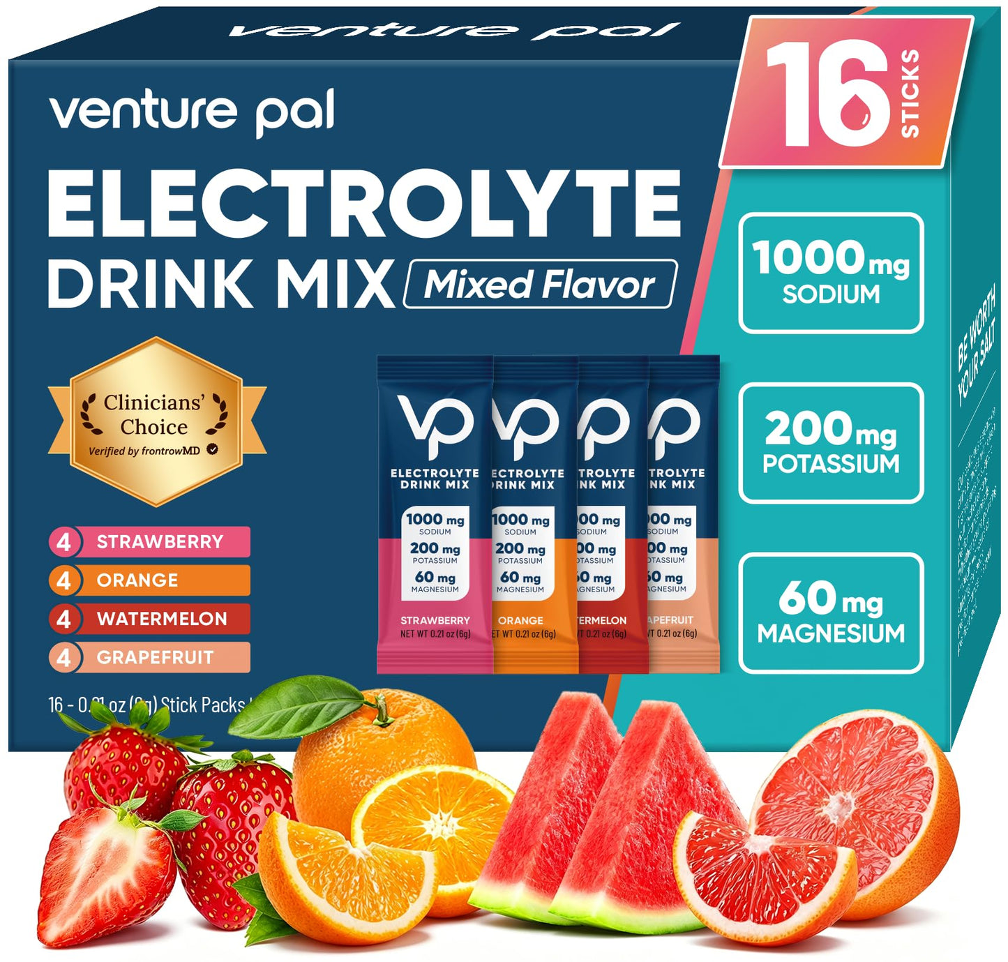 Venture Pal High Sodium Sugar Free Electrolytes Powder, 16 Sticks