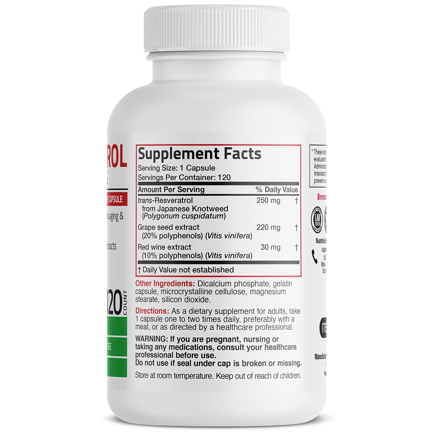 Bronson Resveratrol Complex 500 mg with Grape Seed & Red Wine, 120 Capsules