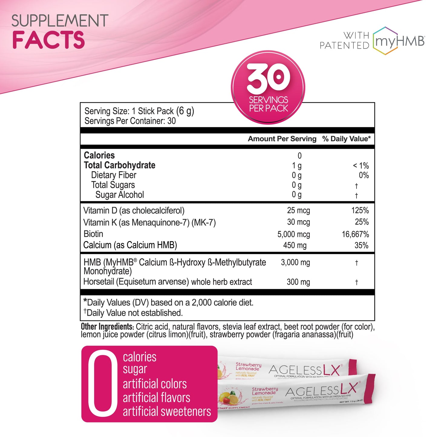 AgelessLX Powder Supplement for Women with HMB Collagen Enhancer, Vitamin D3, K2, Horsetail and Biotin, 30 Packets