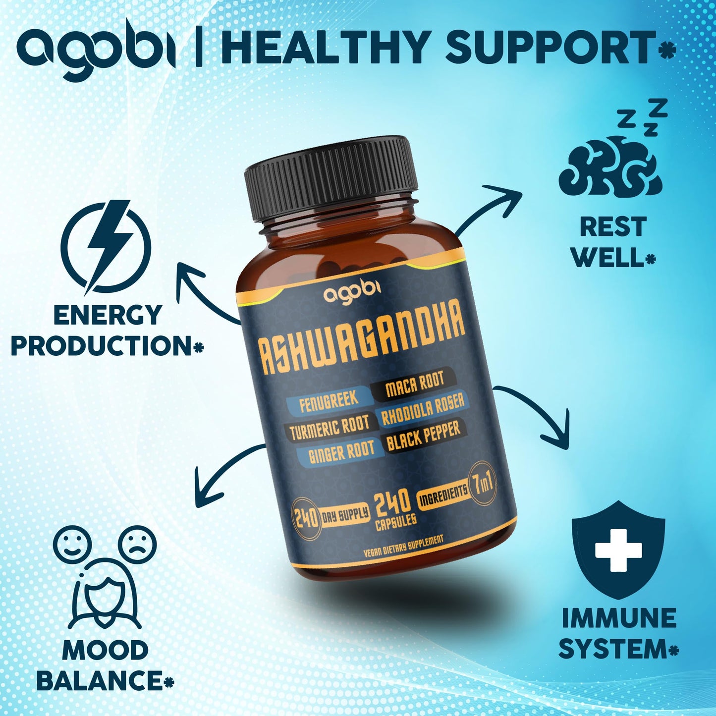 Agobi 7in1 Mood, Strength, Spirit and Energy Support Capsules, 240 Count