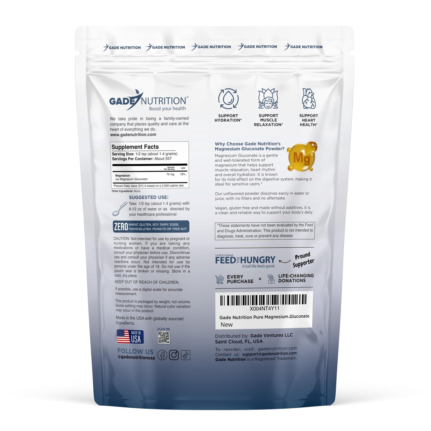 GADE NUTRITION BOOST YOUR HEALTH Pure Magnesium Gluconate Powder, 17.6 oz