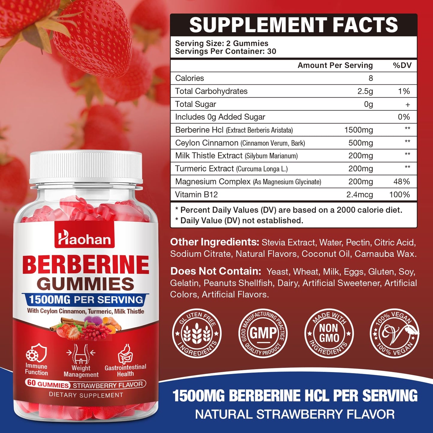 Haohan Berberine Gummies, 1500mg High Potency Berberine HCl, Ceylon Cinnamon & Milk Thistle, Immune System & Metabolism Support, Vegan, Strawberry Flavor, 120 Count