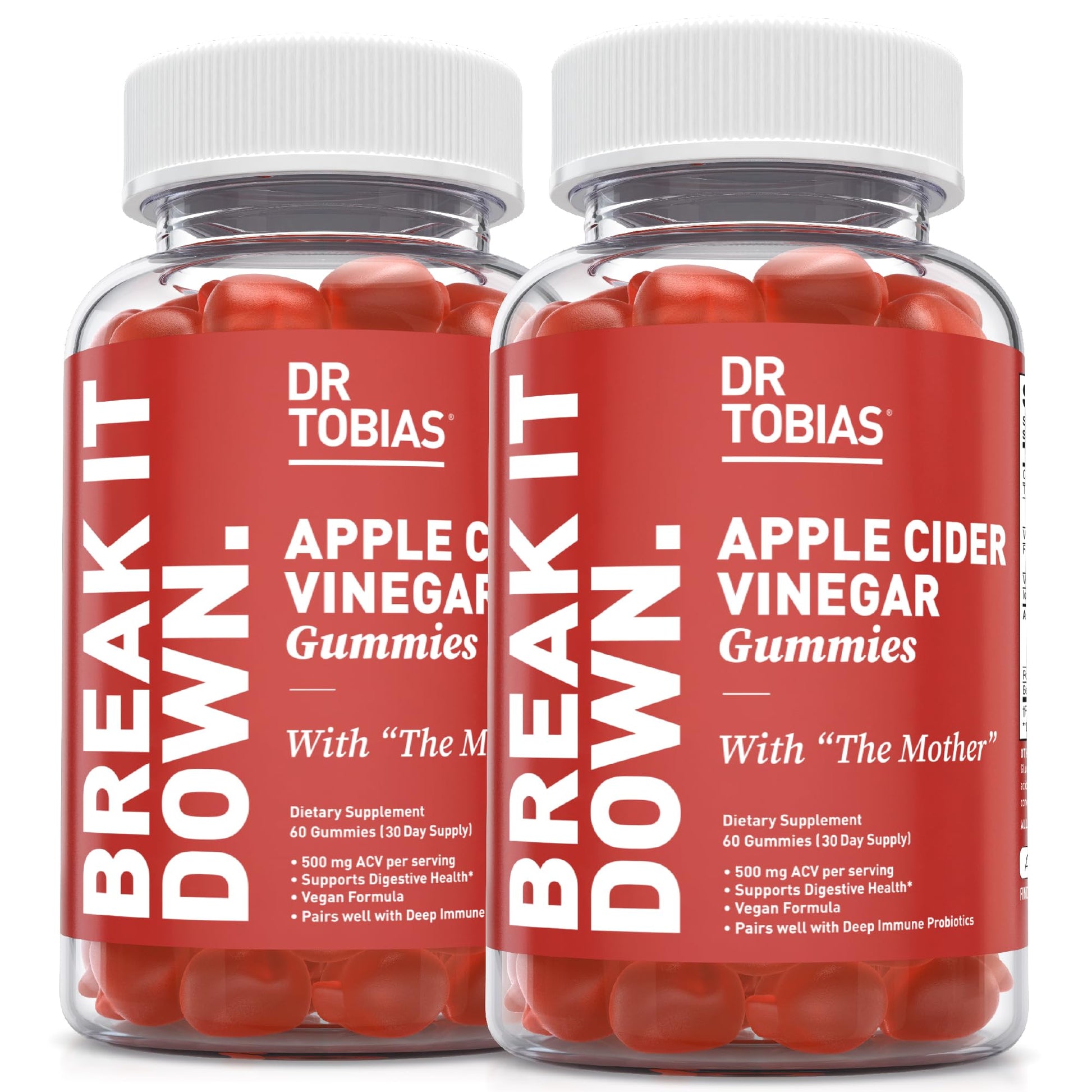 Dr. Tobias Apple Cider Vinegar Gummies with The Mother - 500mg ACV Per Serving, Plus Folate, B6, B12 & Iodine, Vegan, 120 Gummies