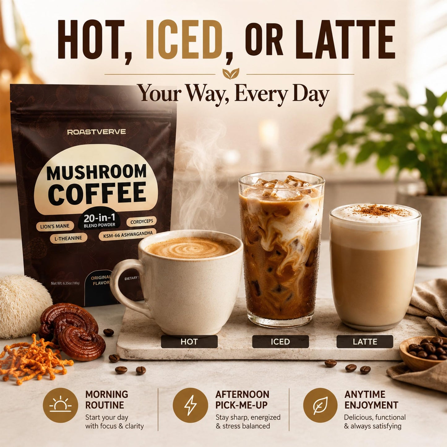 RoastVerve Mushroom Coffee 20-in-1 Blend Powder Instant Functional Coffee with Lion's Mane, Cordyceps, Reishi, Chaga, Turkey Tail, L-Theanine, Supports Focus, Smooth Energy & Immune Wellness, Original Flavor 6.35