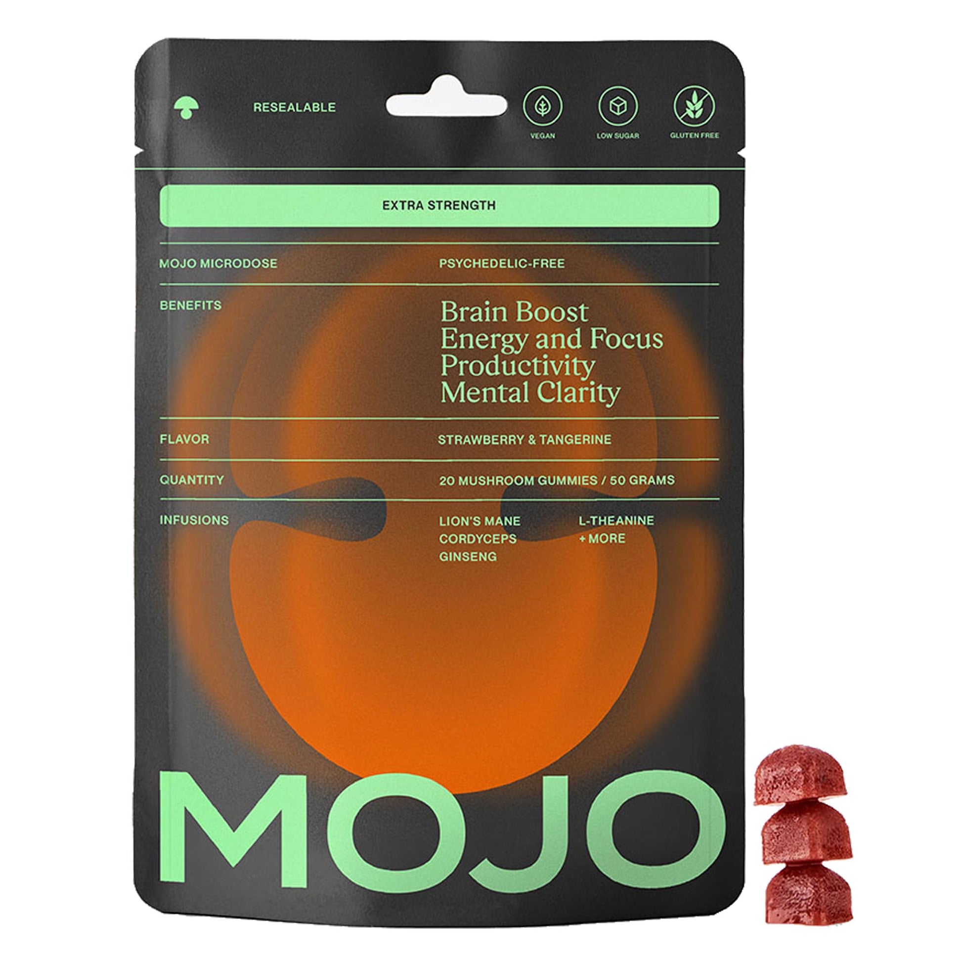 Mojo Focus Gummies Extra Strength with Lion's Mane Mushroom, Cordyceps & Panax Ginseng, Gummy, 1 Pack