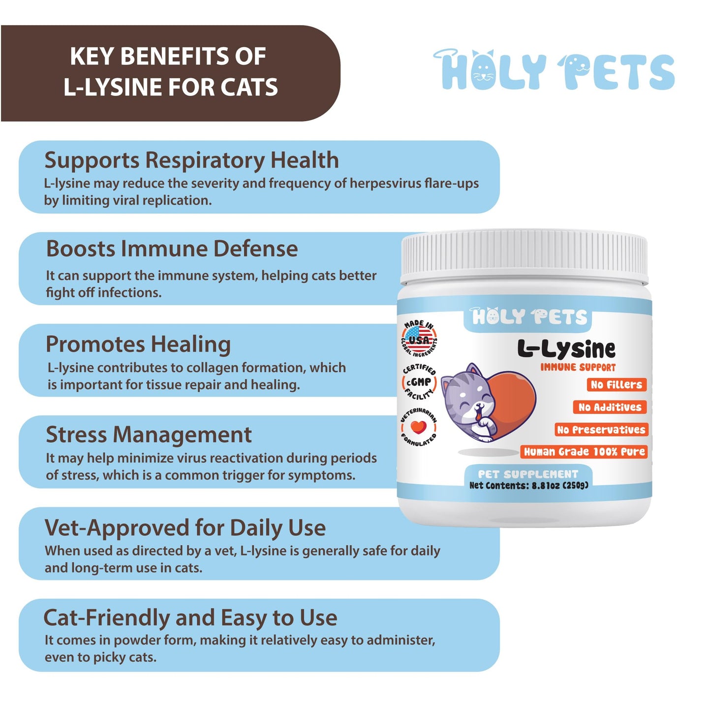 Holy Pets 100% Pure L-Lysine Powder for Cats, 250 Scoops (1000 mg per Scoop)
