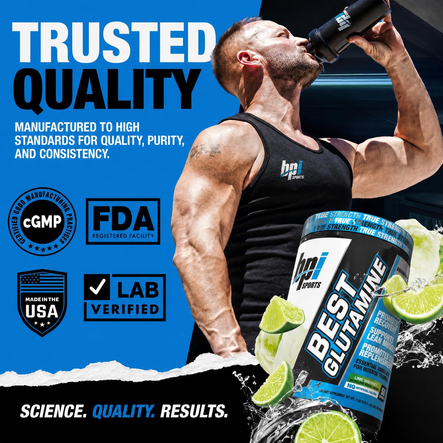 BPI Sports Best Glutamine Supplement Lime Sherbet Flavor Powder 14.1 Ounce
