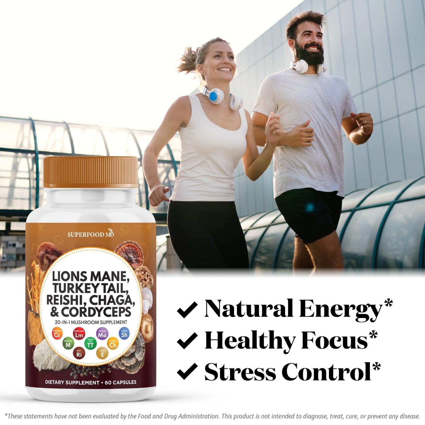 Superfood MD Lions Mane Mushroom Supplement with Turkey Tail Reishi Cordyceps Chaga with Marshmallow Root Capsules, 120 Count