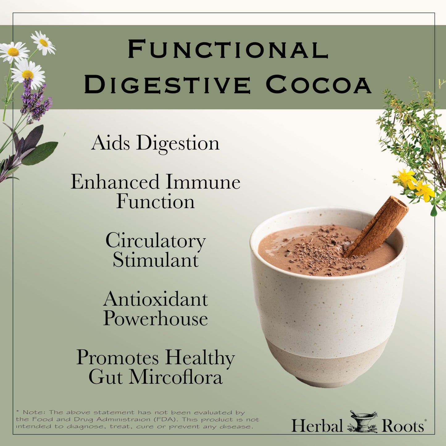 Herbal Roots Organic Digestive Functional Cocoa Beverage Powder 8 Ounces
