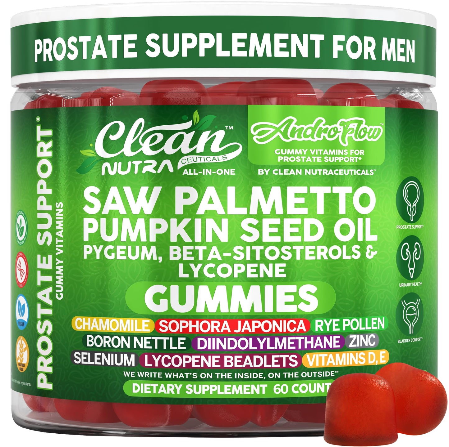 Clean Nutraceuticals AndroFlow Saw Palmetto and Pumpkin Seed Oil Prostate Health Supplements for Men 60 Gummies