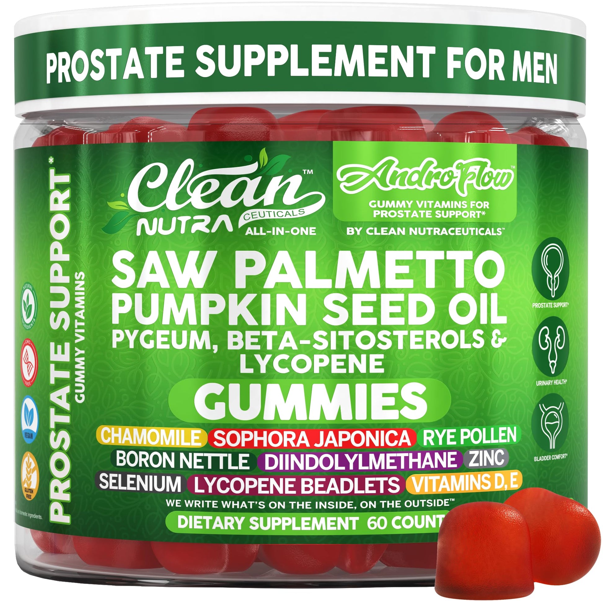 Clean Nutraceuticals AndroFlow Saw Palmetto and Pumpkin Seed Oil Prostate Health Supplements for Men 60 Gummies