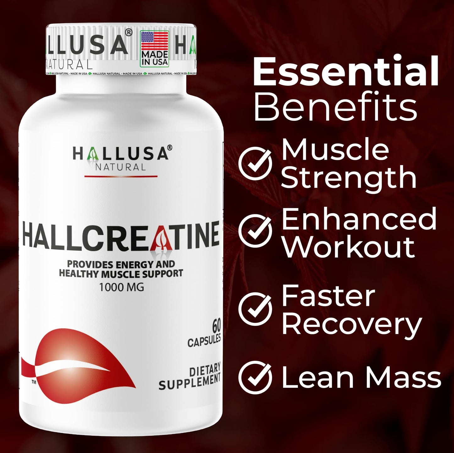 Hallusa Natural Creatine Monohydrate Capsules, 60 Capsules