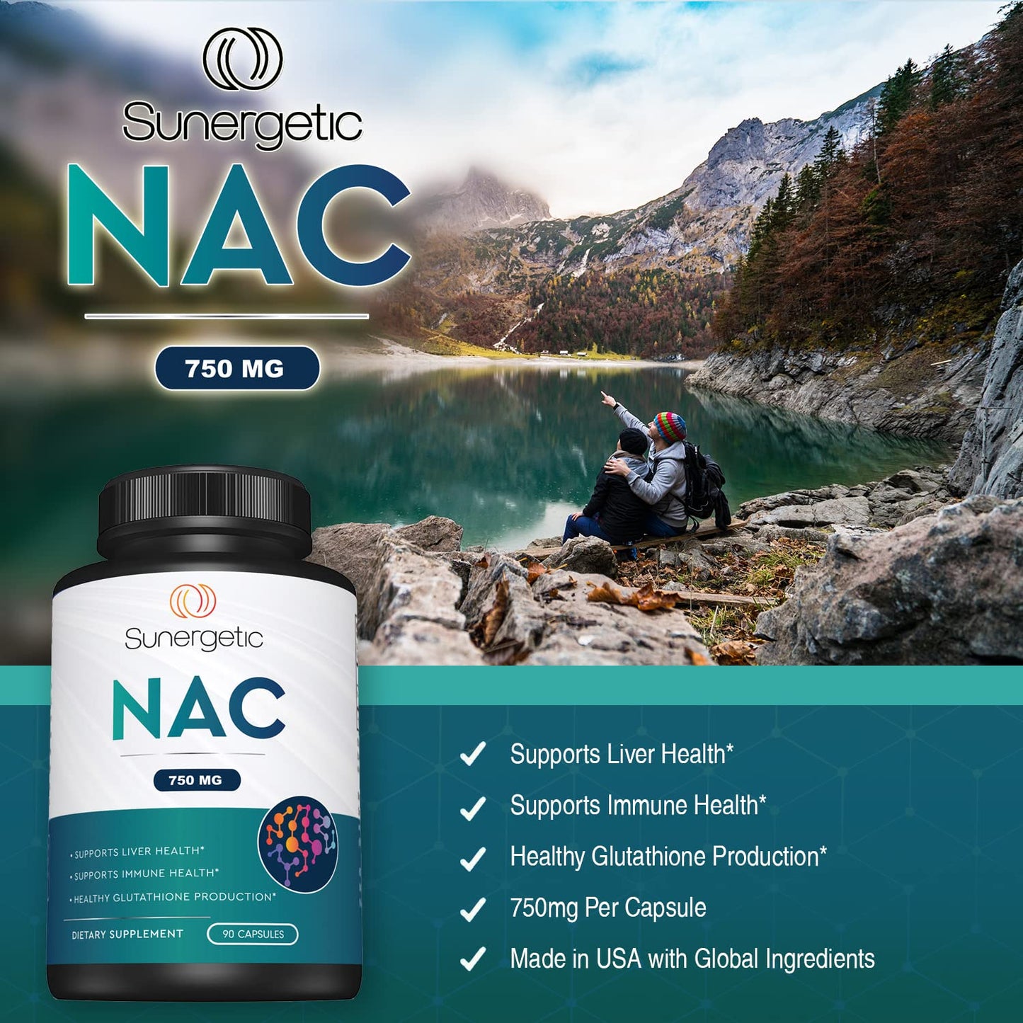 Sunergetic NAC Supplement N-Acetyl Cysteine 750mg Capsule, 90 Capsules