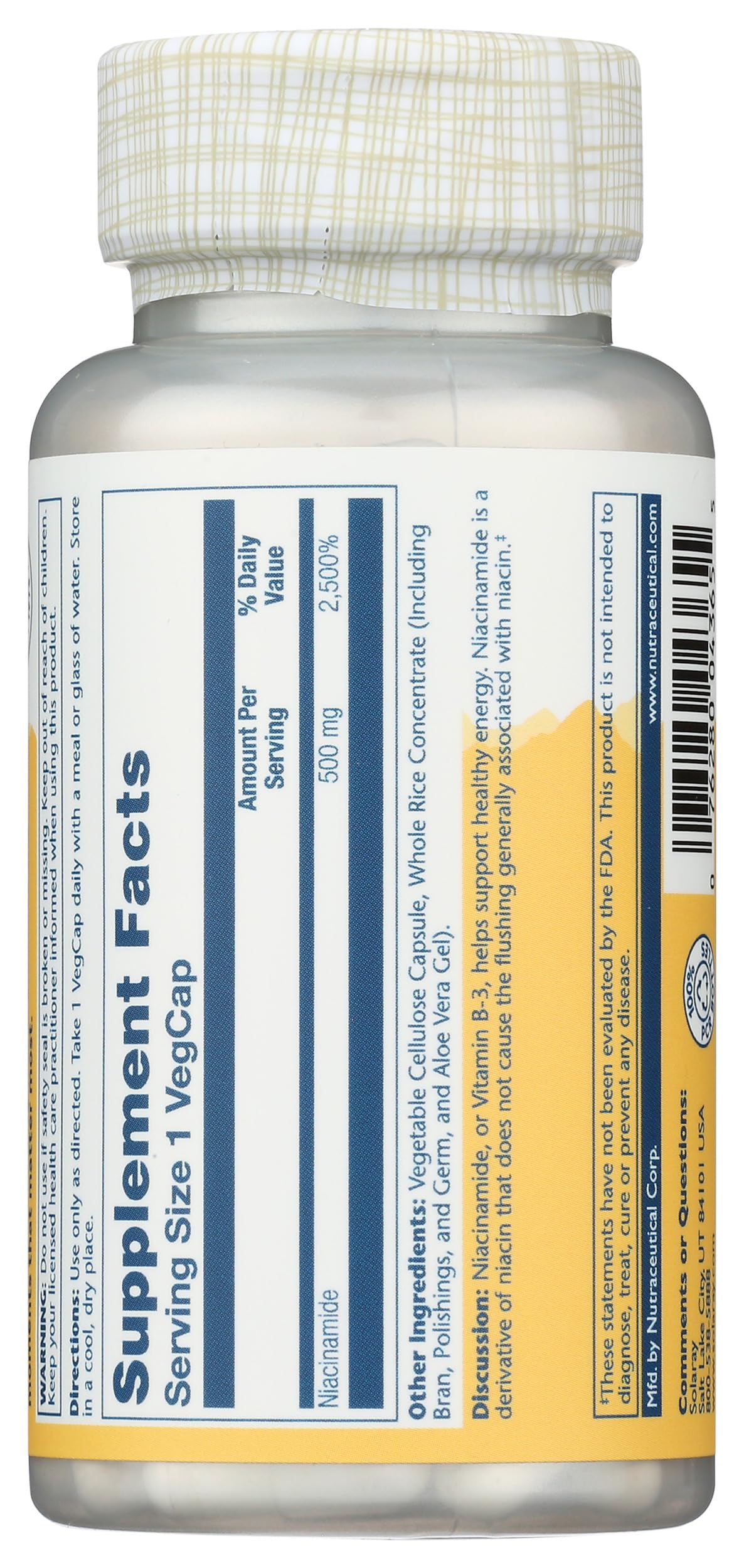 SOLARAY Niacinamide 500 mg Vitamin B-3 Capsule, 100 Count