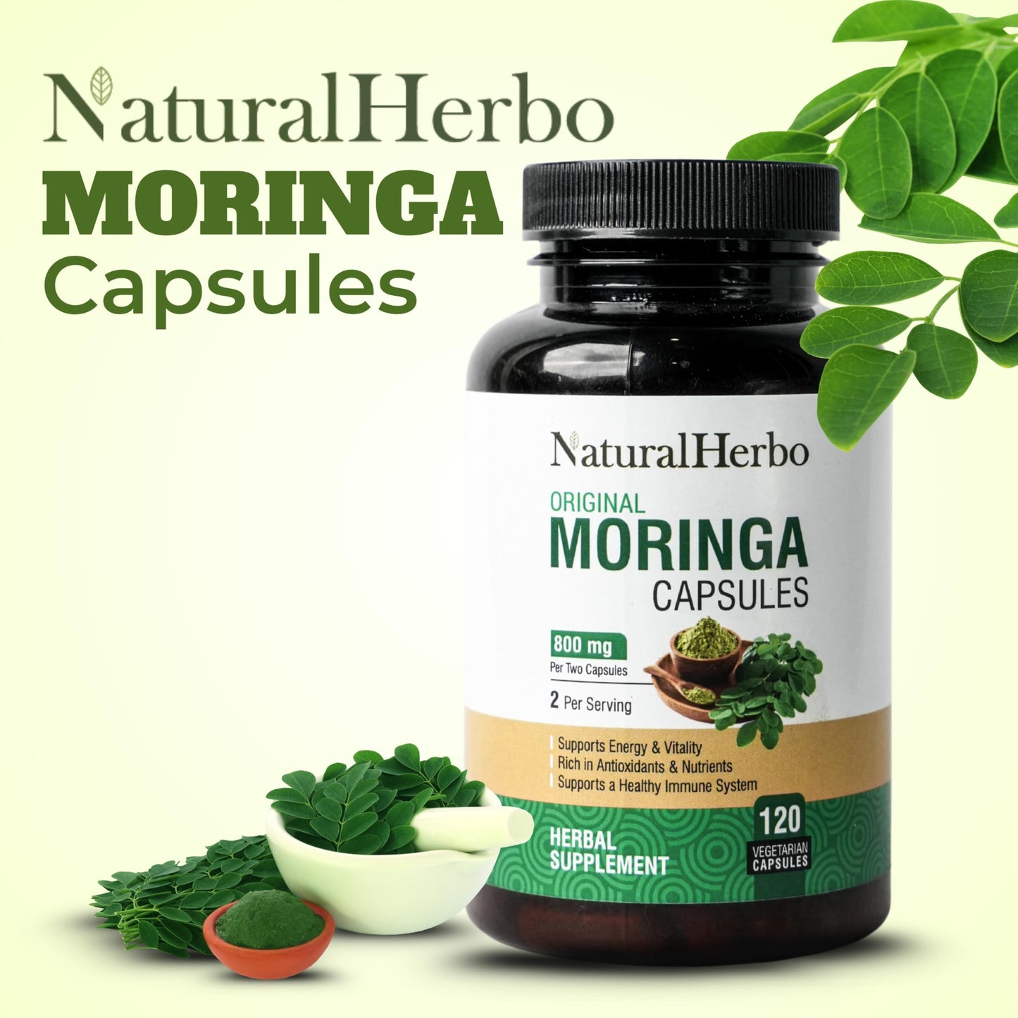 NaturalHerbo Pure Moringa Capsules (800mg), 120 Capsules