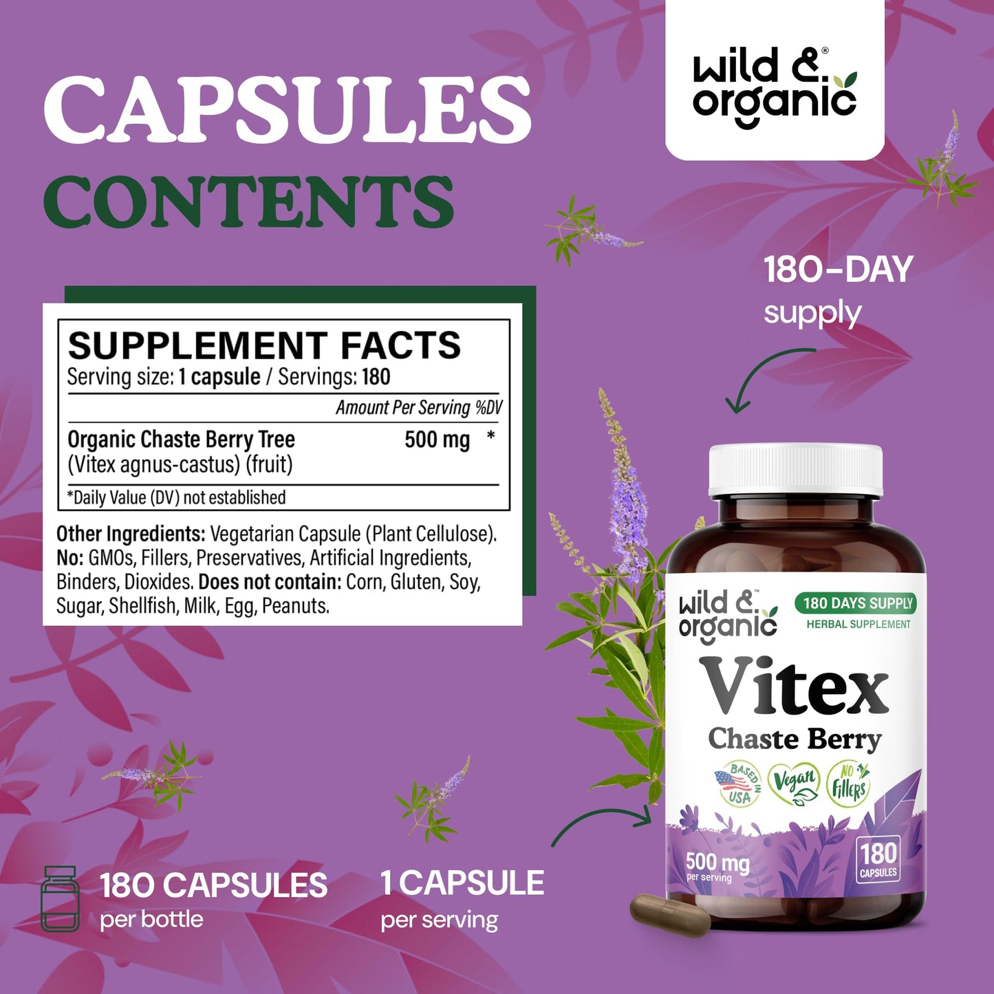 Wild & Organic Vitex Chasteberry Capsules 500 mg, 180 Count