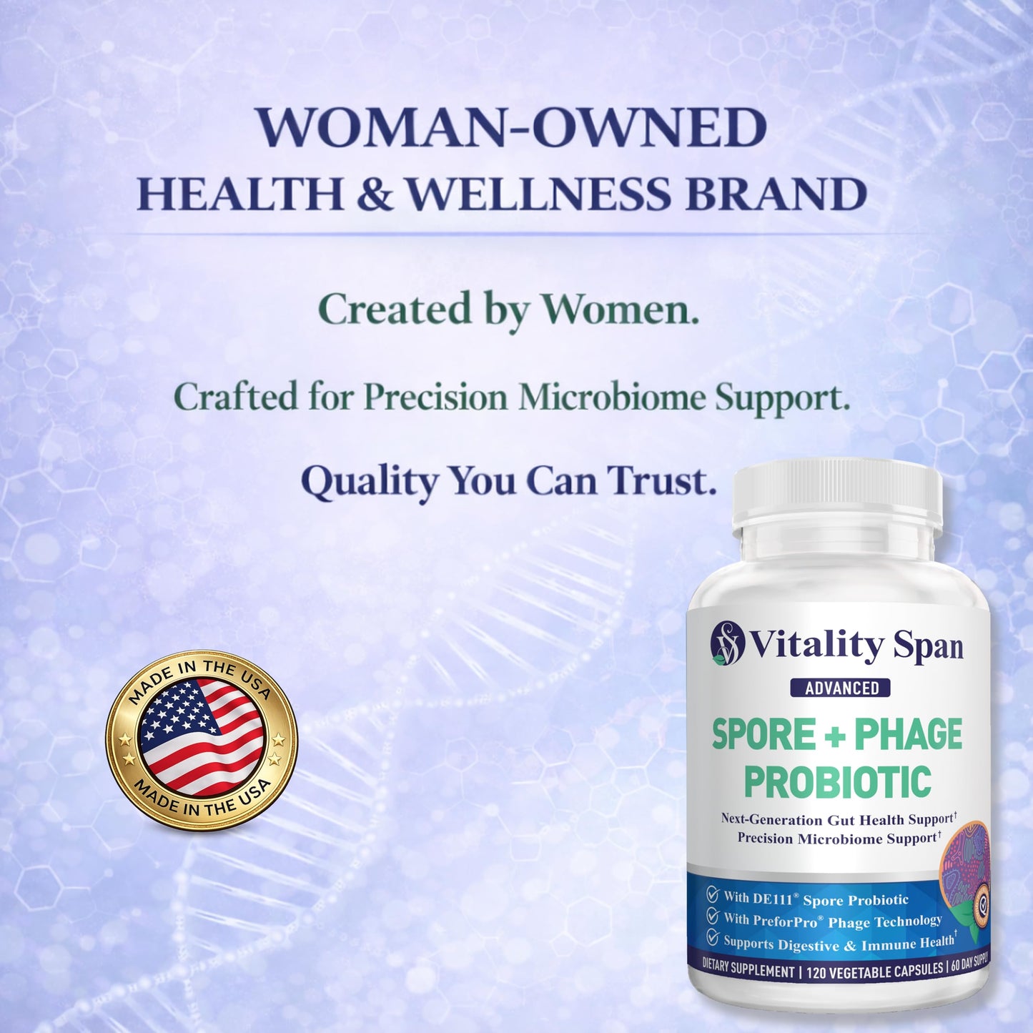 Vitality Span Spore Probiotic for Women & Men, Bacillus Subtilis Plus Advanced Phage, Delayed Release Capsules, 120 Count