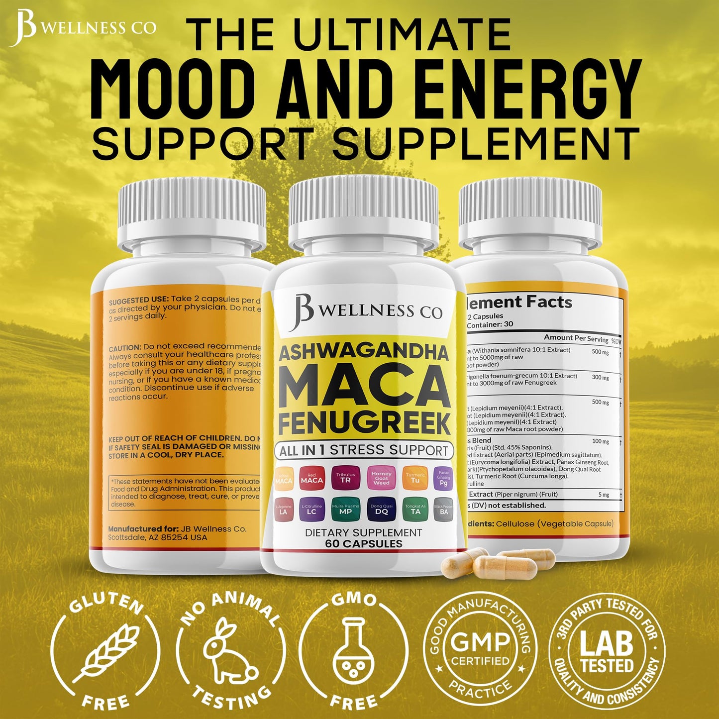 JB Wellness Co Ashwagandha Maca Root Fenugreek Supplement with Tongkat Ali Ginseng Capsule, 120 Count