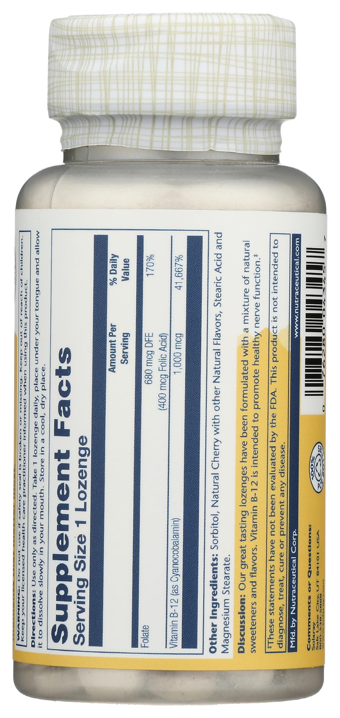SOLARAY Vitamin B-12 1000mcg Lozenges with Folic Acid | Natural Cherry Flavor | Healthy Energy Support, 90 Lozenges