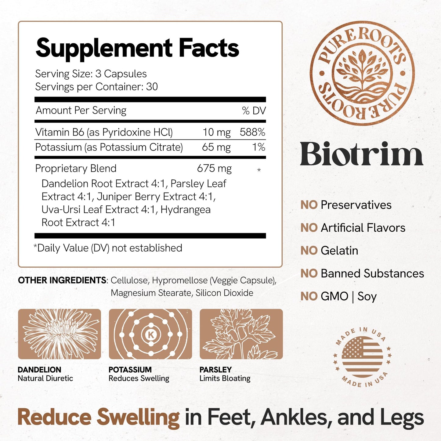 PureRoots Caffeine-Free Water Pills Diuretic Supplement with Dandelion Root, 90 Capsules