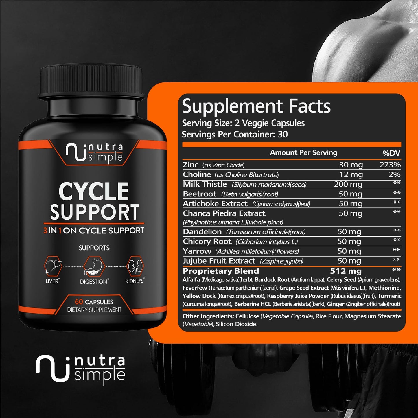 Nutra Simple Cycle Support Supplement for Men & Women - Natural Liver Cleanse Detox & Repair - Gut Health & Kidney Support with Milk Thistle, Beet Root, Dandelion, Choline, Artichoke Extract, 60 Capsules