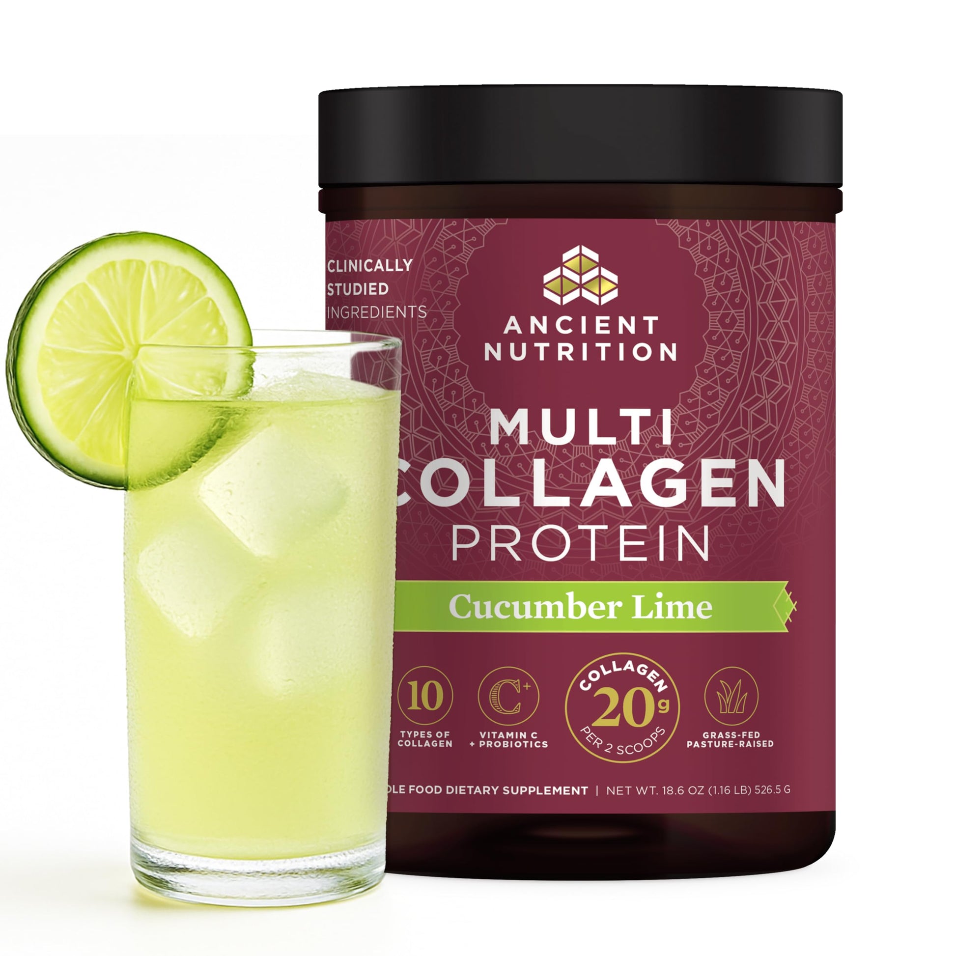Ancient Nutrition Collagen Powder, Multi Collagen Protein, Cucumber Lime, Hydrolyzed Collagen Peptides, 18.6 oz