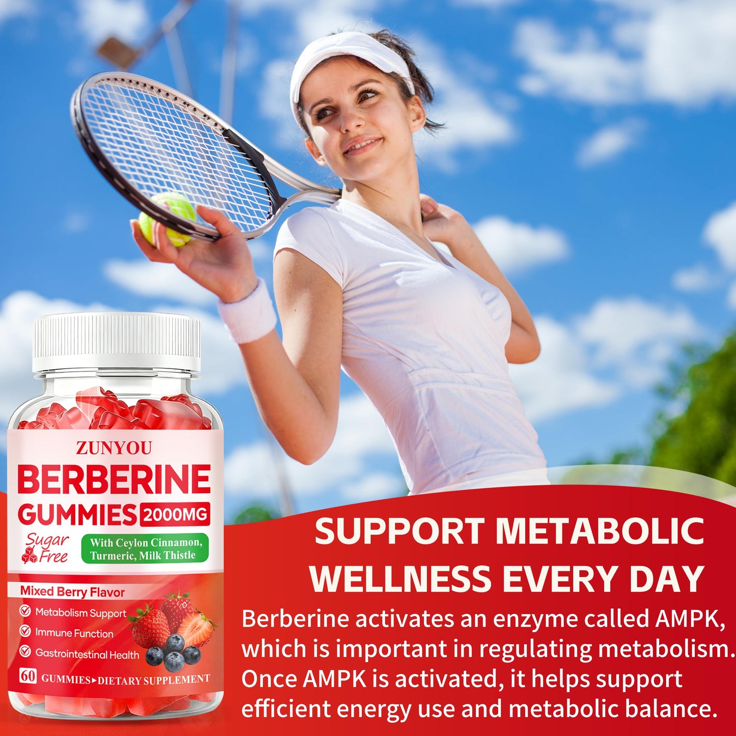 ZUNYOU Berberine Gummies 2000mg with Ceylon Cinnamon for Metabolism and Immune Support, Sugar Free, Vegan, Non-GMO, 60 Gummies