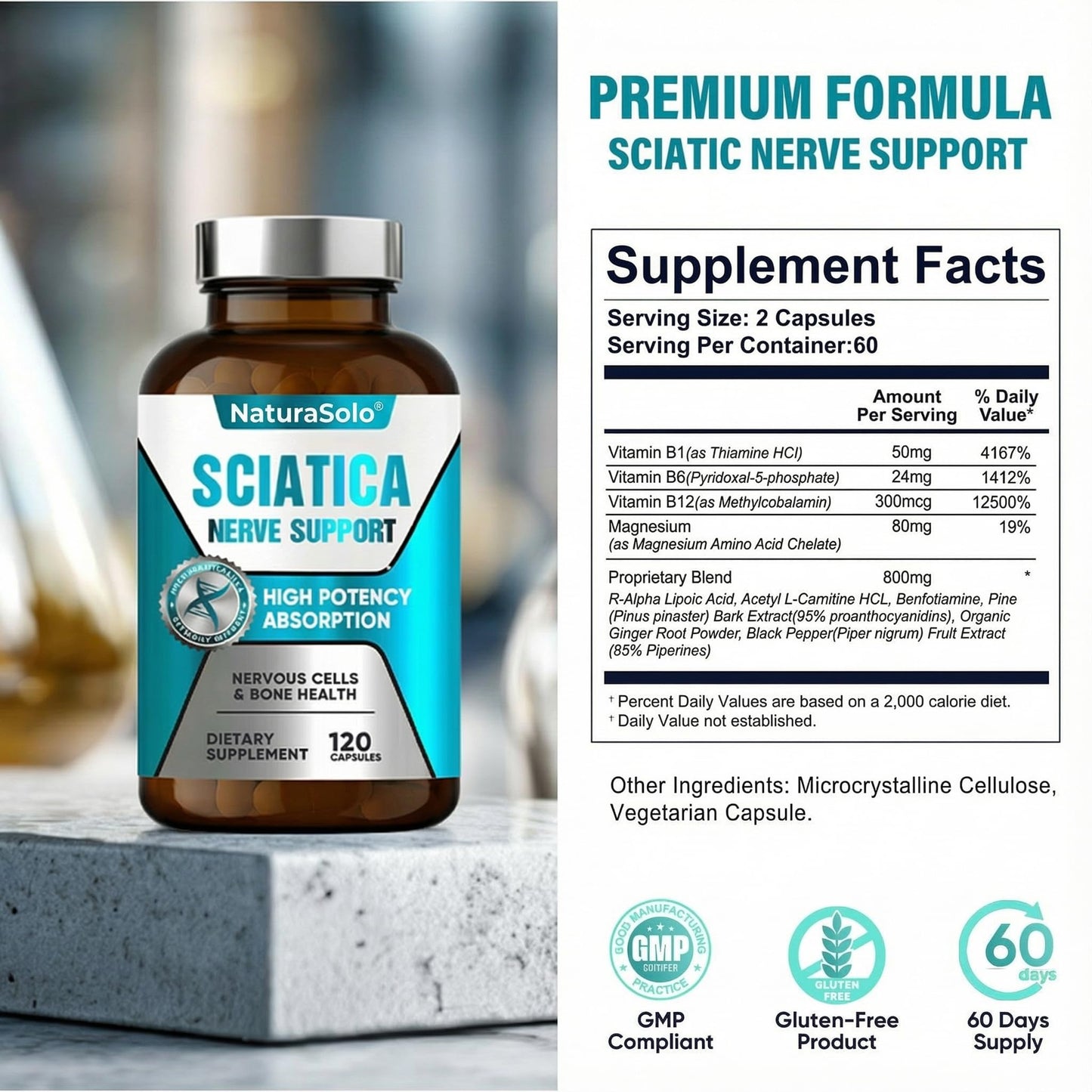 NaturaSolo Sciatic Nerve & Neuropathy Support - Nerve Savior for Neuropathy and Sciatica & Peripheral Neuropathy, 120 Capsules