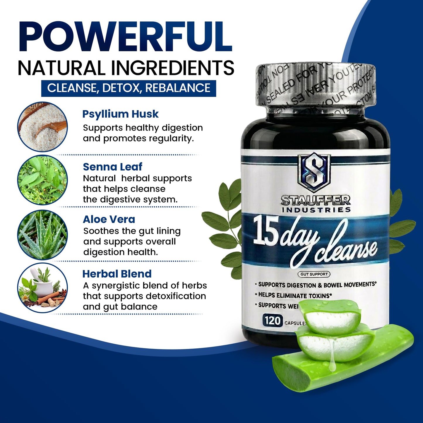 STAUFFER INDUSTRIES Colon Cleanse – 15 Day Cleanse Gut Support Supplement – Colon Cleanser with Psyllium Husk, Senna & Probiotics – Digestive Support for Women & Men, Capsules, 120