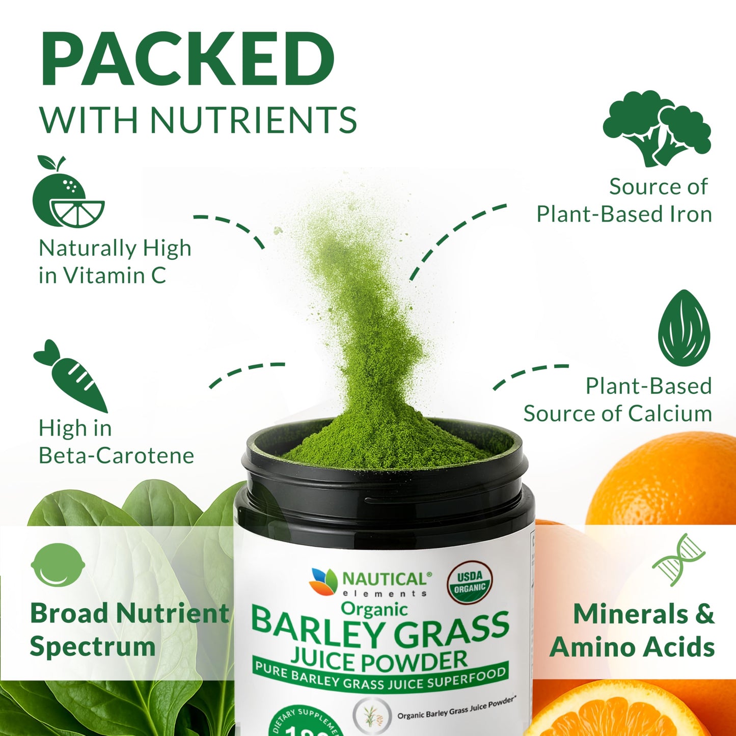 Nautical Elements Barley Grass Juice Powder Organic – Sourced from Utah’s Mineral-Rich Soil, Nutrient-Dense Barley Grass Powder – Raw & Cold-Processed Superfood, High Chlorophyll, 6.35