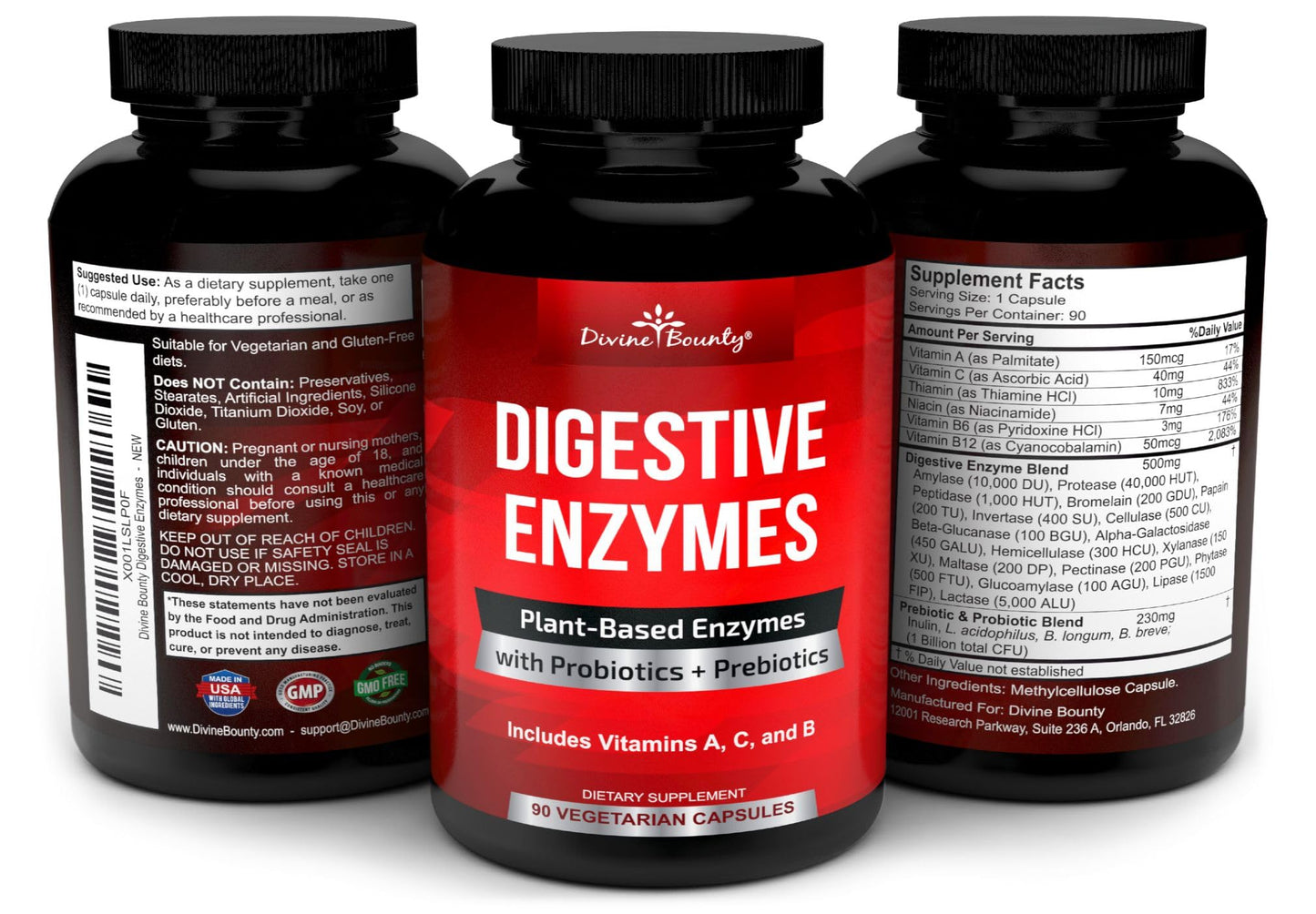 Divine Bounty Digestive Enzymes with Probiotics & Prebiotics with Lipase, Amylase, Bromelain Capsules 90