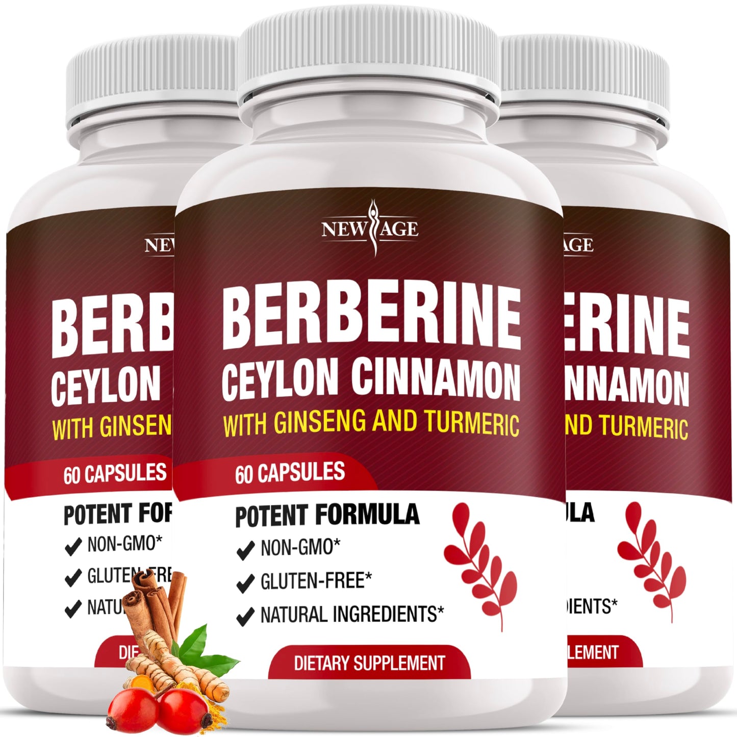 New Age Berberine HCL Plus Ceylon Cinnamon Turmeric Licorice Extract, Gymnema Sylvestre, Apple Cider Vinegar, Berberine HCI Root Supplements Capsules, 180 Count