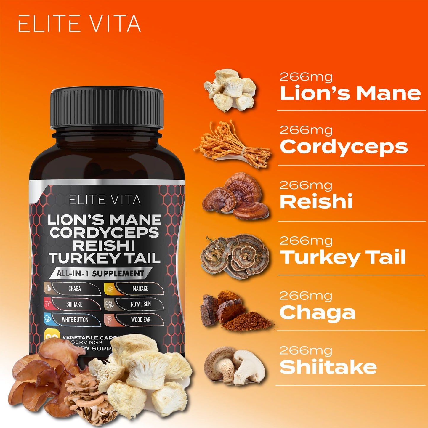 Elite Vita Nootropic Mushroom Supplement Lions Mane, Cordyceps, Reishi, Chaga Blend Capsules, 90 Count