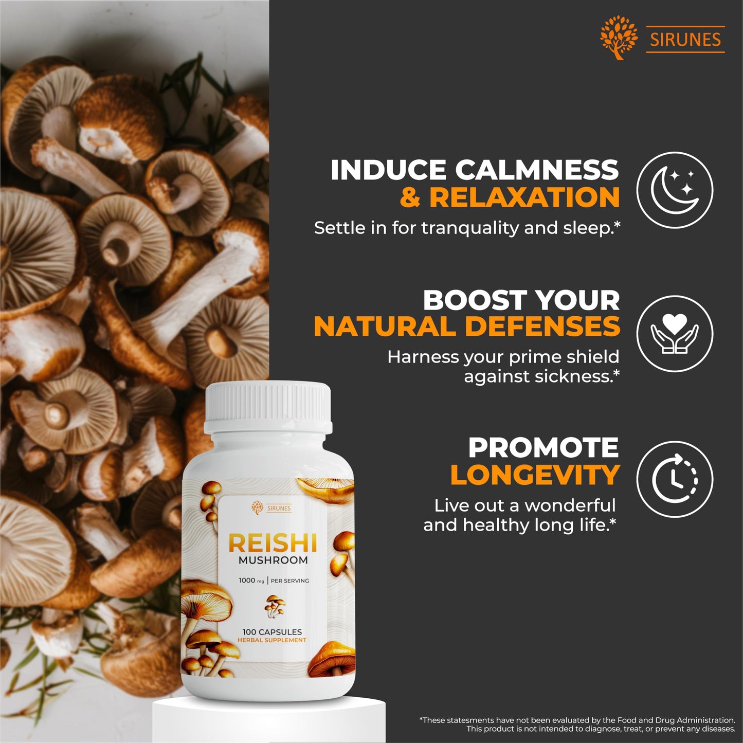 SIRUNES Reishi Mushroom Capsules 100 Count