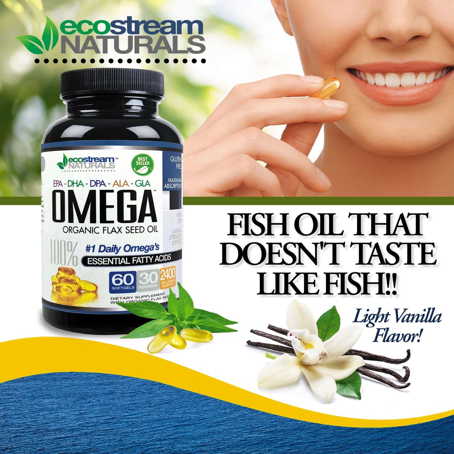 ecostream Naturals Triple Strength Omega 3-6-9 Blend with DPA, EPA, DHA, ALA and GLA and Organic Flax Seed Oil Softgel 60 SoftGels